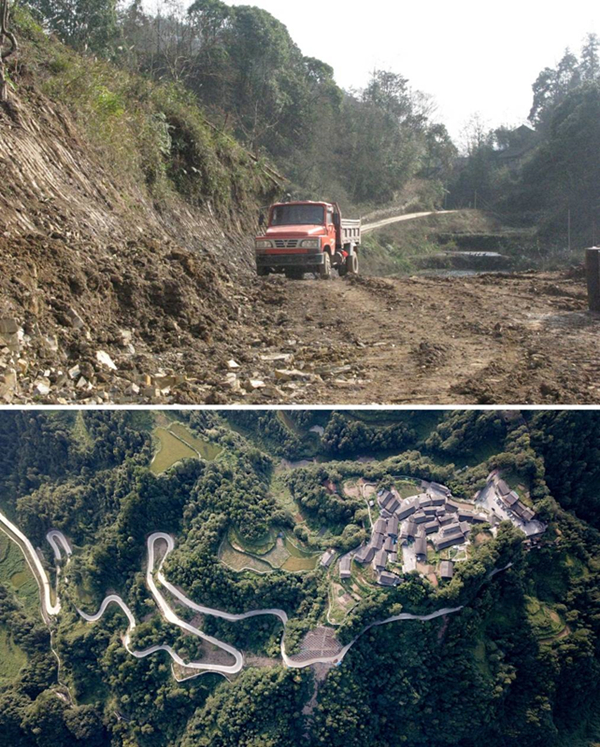 拼版照片:上图为2011年12月拍摄的湖南省湘西土家族苗族自治州花垣县十八洞村进村道路;下图为2019年9月拍摄的十八洞村及进村道路。